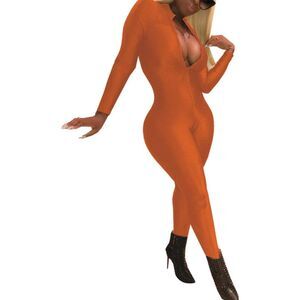 ECHOINE Sexy Orange Zip Up One Piece Deep V-Neck Bodycon Clubwear Jumpsuit Sz L